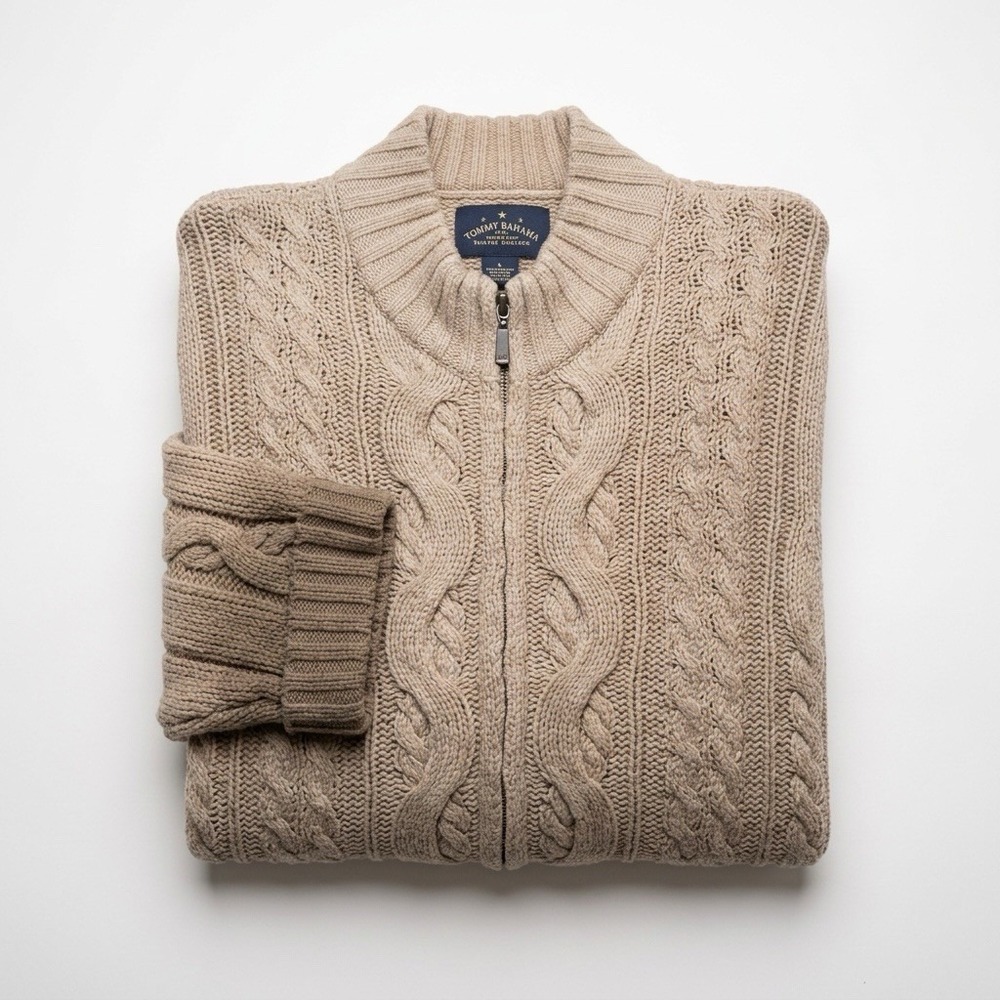 Tommy Bahama Indigo Palms Cable Knit Sweater Full Zip Wool Blend Chunky M Large
